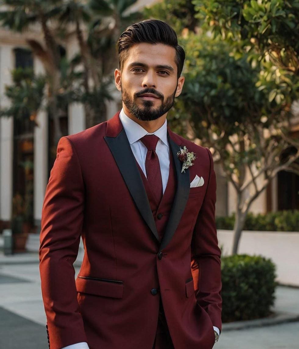 バーガンディタキシードスーツ：黒のラペルが付いたメンズ3ピース