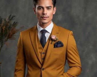 Men's Mustard Slim Fit 3-Piece Suit: Formal Occasion Blazer Set