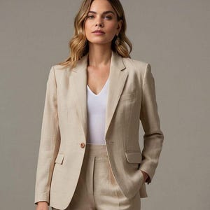 Puede incluir: Una chaqueta de lino beige con un solo botón de cierre. La chaqueta tiene solapa de muesca y un bolsillo de vivo en el lado izquierdo. La modelo lleva una camisa blanca de cuello en V y pantalones de lino beige.