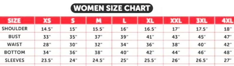 May include: A women's size chart with measurements in inches. The chart includes sizes XS to 4XL, detailing shoulder, bust, waist, bottom, and sleeve measurements. The text "WOMEN SIZE CHART" is at the top.