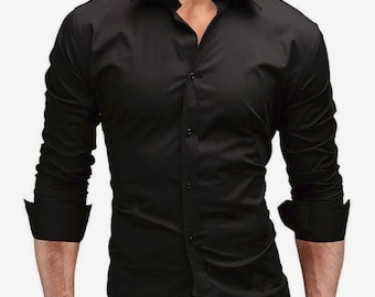 Camisa de algodão preta masculina: traje formal para festa com corte slim