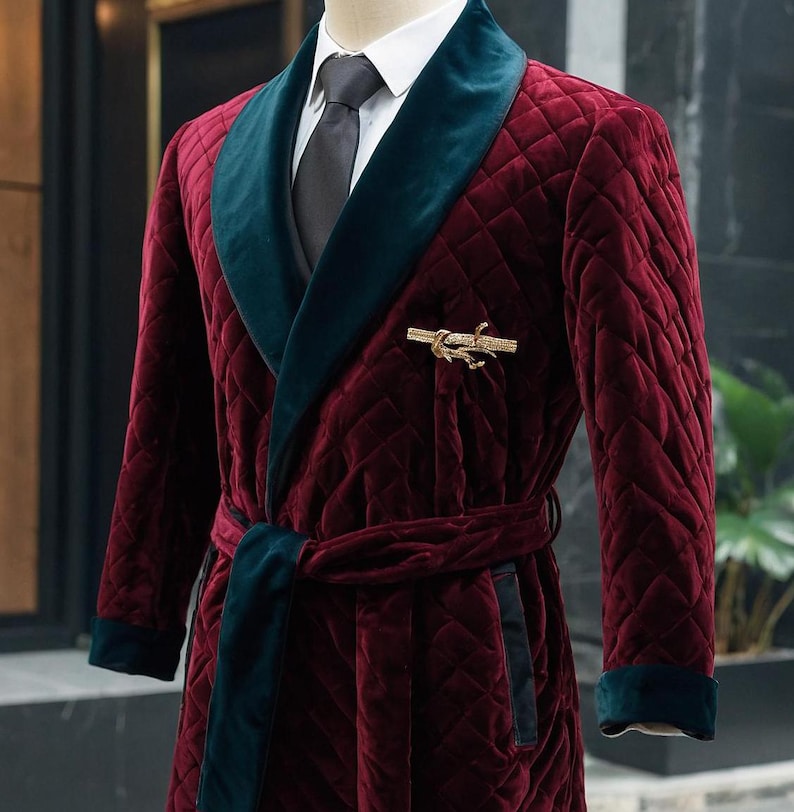 Men's Burgundy Velvet Quilted Robe: Tuxedo Shawl Lapel, Wedding Party ...