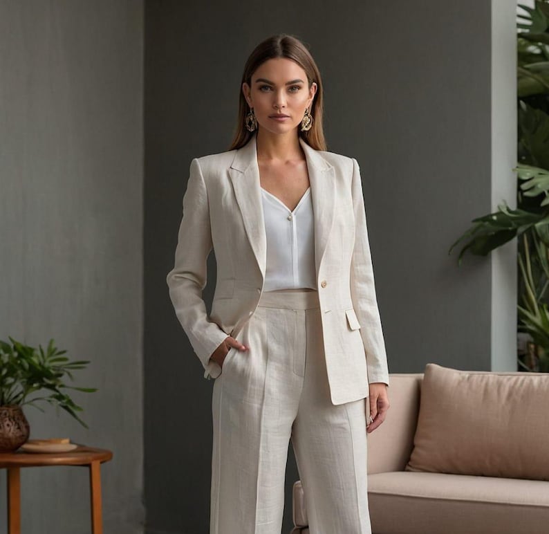 Beige Linen Suit Set for Women – Summer Blazer & Pants Outfit, Minimalist Vacation Co-Ord image 1