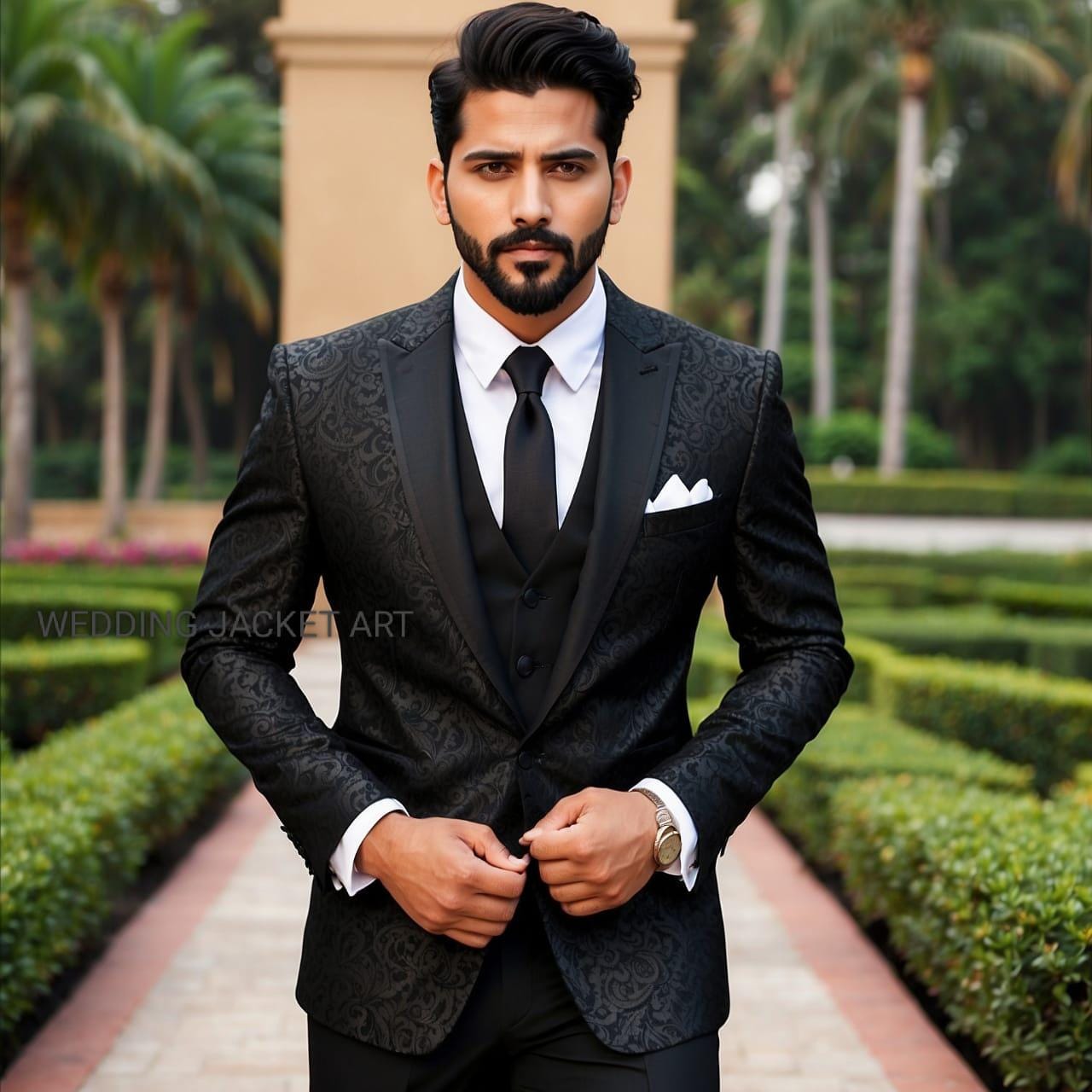 Men Suits, Black Floral Print Suit, Wedding Suits, Grooms wear suits, Slim fit 3 piece suit luxury bespoke suits, stylish party wear Suits.