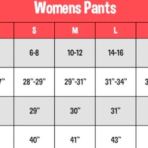 May include: A size chart for women's pants, with measurements in inches. The chart includes sizes XS to XXL, with corresponding waist, inseam, and length measurements. The text "Womens Pants" is at the top.