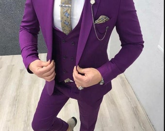 Men purple prom 3 piece suits wedding three grooms wear suits. new purple tuxedo peak lapel  gift for fionce and friend. event wear 3 piec