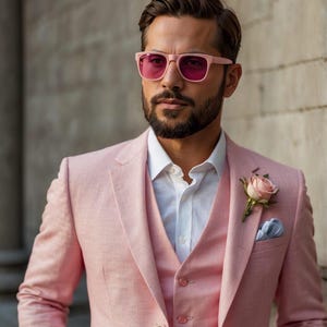 Men&#39;s Pink Linen Suit 3 Piece Set  Summer Wedding Groom Suit  Lightweight Breathable Blazer and Trousers Custom Tailored Linen Suit for Men