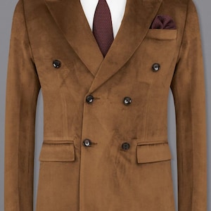 Men&#39;s Orange Rust Velvet Double Breasted Wedding Jacket
