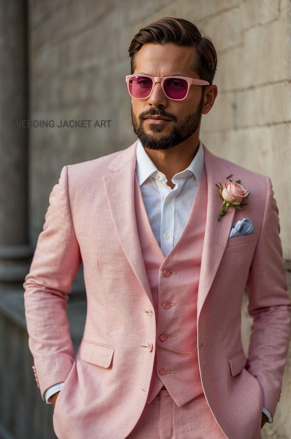 メンズ ピンク リネン 3ピーススーツ：夏の結婚式新郎衣装 - Etsy 日本
