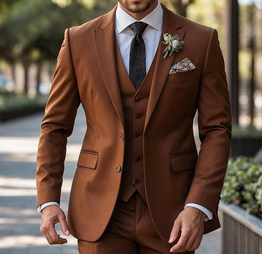 メンズ オレンジラスト 3ピース ウェディングスーツ：ノッチラペル