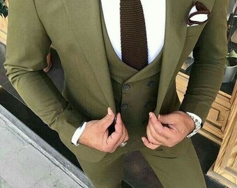 Men olive Green  prom 3 piece suits wedding 3 grooms wear suits. new green tuxedo peak lapel  gift for fionce and friend. event wear 3 piec