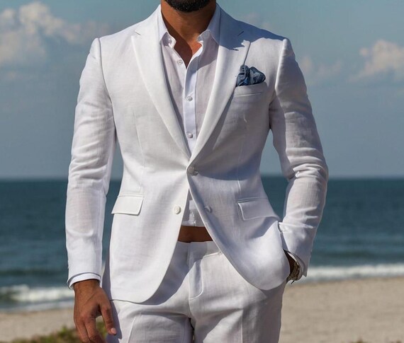 Men's White Linen Suit: 2-Piece Beach Wedding Groom Suit Men's White Linen Suit: 2-Piece Beach Wedding Groom Suit