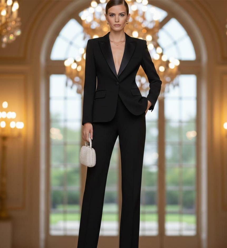Women's Black Tuxedo Suit: Slim Fit Two Piece, Black Lapel Design