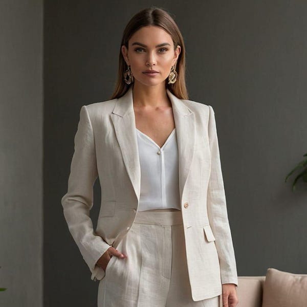 Elegant Women Light Beige Linen Two-Piece Suit – Lightweight, Breathable Blazer and Pants Set for Summer Office Wear, or Casual Chic Outfits