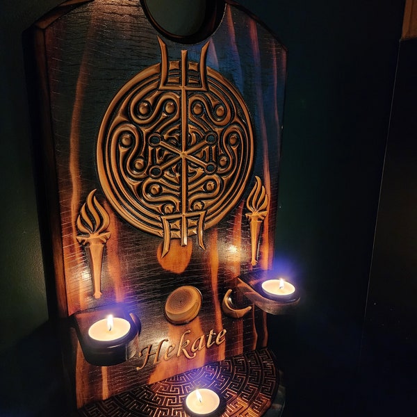 Hekate Twin Torch Wheel and Sigil Wall Altar for Sacred Space and Offerings