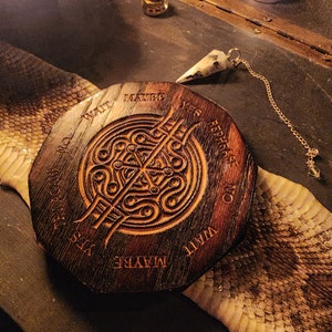 Hekate Pendulum Board for Divination, Carved from Solid Oak, Trident and Strophalos sigil, Wheel of Hekate, Consort with Spirits, Necromancy