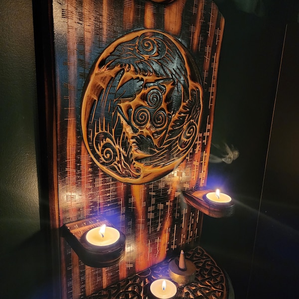 The Morrigan Triple Raven Three Candle Wall Altar for Sacred Space and Offerings