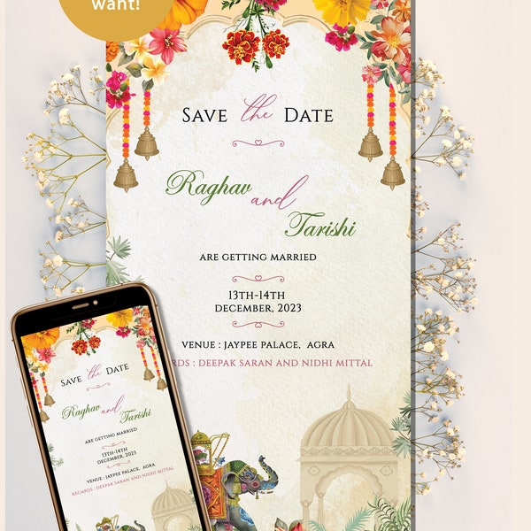 Hermosa invitación para guardar la fecha y guardar la fecha electrónica Indio, pastel Invitación para guardar la fecha como invitación de WhatsApp para guardar la fecha