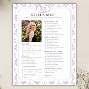 May include: A resume template featuring a light purple floral border and a central oval monogram with the letters SR. The document includes a placeholder photo of a person, sections for contact information, education, and experience.