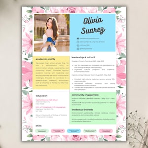 Op de afbeelding: Een cv-sjabloon met een bloemenrand van roze bloemen en groene bladeren. Het document bevat een fotoplaatshouder, een lichtblauwe koptekst met de naam Olivia Suarez en secties voor academisch profiel, opleiding, vaardigheden en werkervaring.
