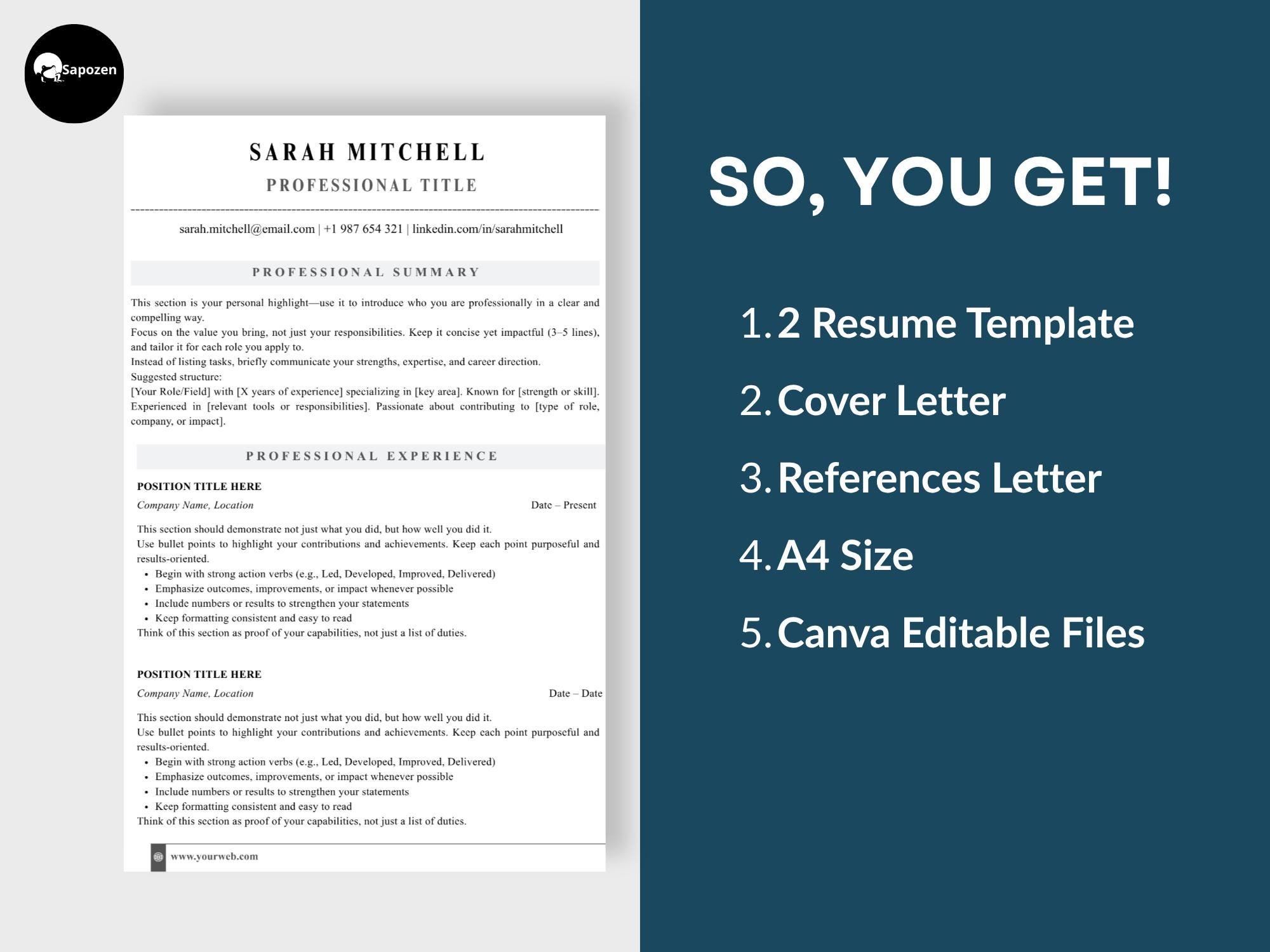Minimalist Resume Template Canva | ATS Friendly Professional CV + Cover ...