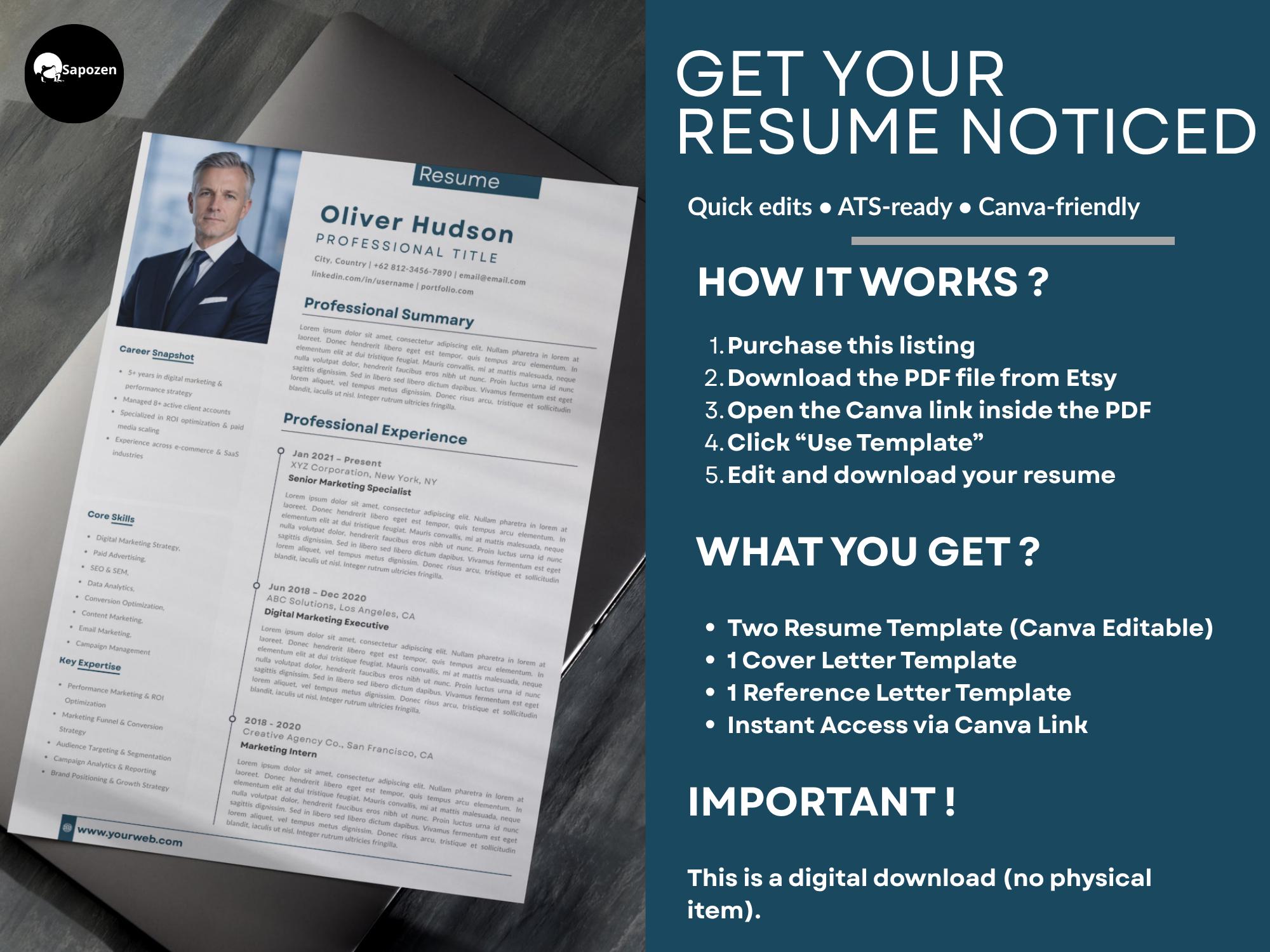 Executive Resume Template Canva | ATS Optimized Professional CV Design ...
