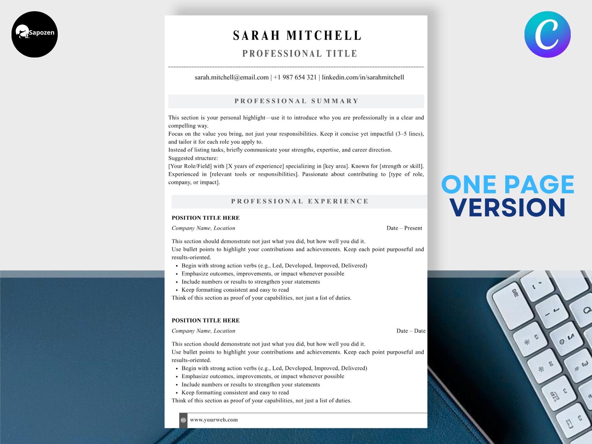 Minimalist Resume Template Canva | ATS Friendly Professional CV + Cover ...
