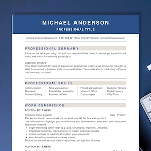 May include: A resume template with a blue and white design. The resume includes sections for professional summary, skills, and work experience. A keyboard and pen are visible in the background.