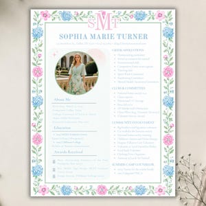 Op de afbeelding: Een cv-sjabloon met een bloemenrand van roze en blauwe bloemen. Het document bevat een ronde fotoplaatshouder, een SMT-monogram en secties voor contactgegevens, opleiding, prijzen en maatschappelijke betrokkenheid in blauwe tekst.