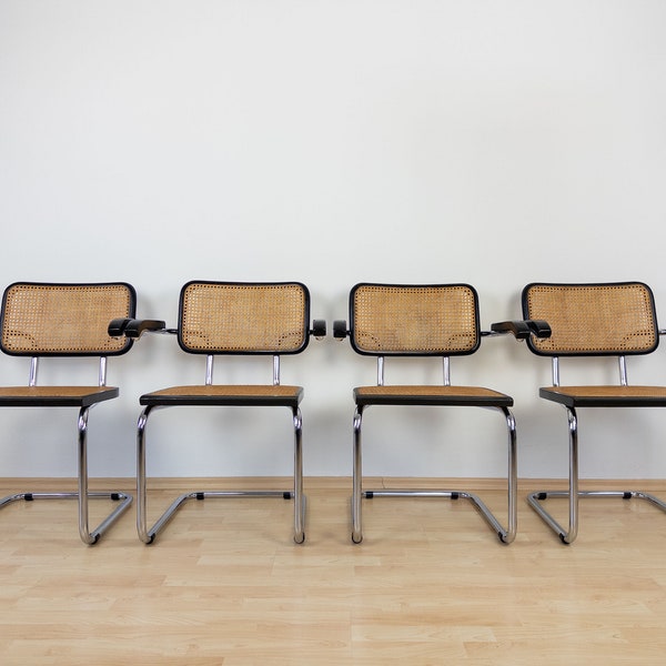 Set von 4 Esszimmerstühle im Stil von Marcel Breuer B64 Freischwinger Cesca Rattan Bauhaus Design Vintage