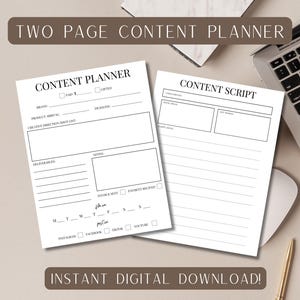 May include: Two-page content planner with the text "TWO PAGE CONTENT PLANNER" at the top. The planner includes sections for brand, deadline, deliverables, and notes. The text "INSTANT DIGITAL DOWNLOAD!" is at the bottom. A laptop and pen are in the background.