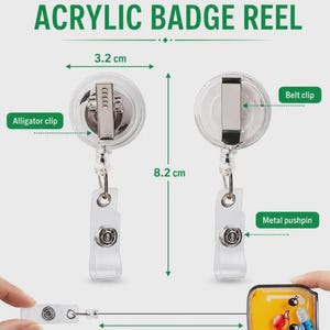 May include: A custom shape acrylic badge reel with a 3.2 cm diameter and 8.2 cm total height. It features an alligator clip, a belt clip, and a metal pushpin. The retractable cord extends to 75 cm, and the badge face displays colorful pill graphics.