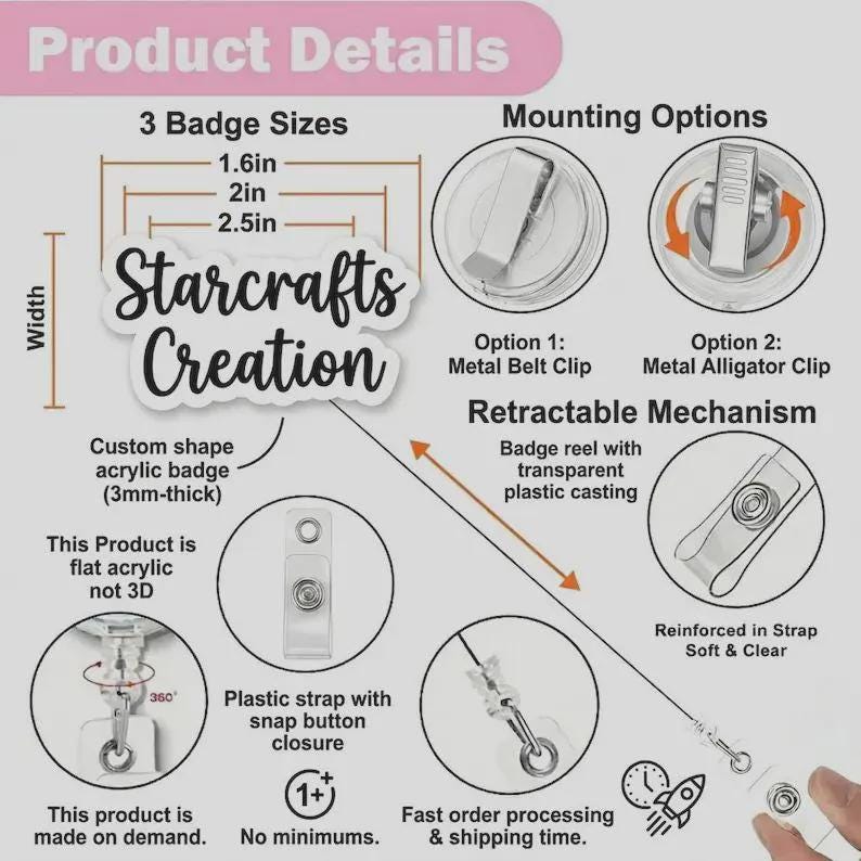 May include: An infographic detailing Starcrafts Creation badge reels. Features include 1.6in, 2in, and 2.5in sizes, 3mm-thick flat acrylic, metal belt or alligator clips, and a retractable mechanism with a clear plastic strap and snap button closure.