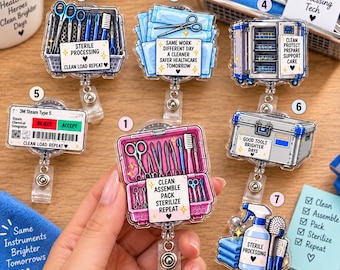 May include: A collection of seven acrylic badge reels featuring healthcare sterile processing themes. Designs include surgical instrument trays, a steam integrator, a storage cart, a sterilization case, and a spray bottle with cleaning tools.