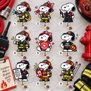 May include: Nine acrylic badge reels featuring Snoopy in various firefighter-themed outfits and poses. Each character is depicted with equipment like hoses, axes, radios, fire extinguishers, or ladders, and some wear helmets or bows, numbered one through nine.
