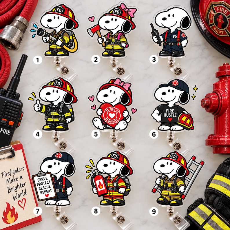 May include: Nine acrylic badge reels featuring Snoopy in various firefighter-themed outfits and poses. Each character is depicted with equipment like hoses, axes, radios, fire extinguishers, or ladders, and some wear helmets or bows, numbered one through nine.