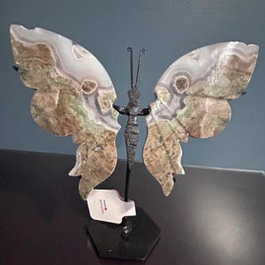 Moss Agate Healing Crystal Butterfly Wings and stand