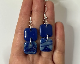 Blue and Silver square hook earrings marble pattern polymer clay jewellery hypoallergenic dangle earrings