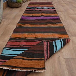 2&#39;2x9&#39;3 ft, STRIPED TURKISH RUNNER, Vintage Runner Rug, Oushak Runner, Stair Runner Rug, Kitchen Runner, Hallway, 2x9 Colorful Kilim Rug