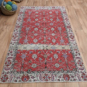 3.5x6.5 ft, RED, TURKISH RUNNER, Vintage Rug, Handwoven, Wool Rug, Oushak Rug, Kitchen Runner Rug, Floral Runner Rug, Stair Runner Rug