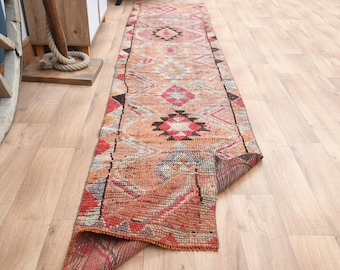 Alfombra de lana Herki colorida: estilo Oushak turco vintage (2'6 x 11'6 pies)