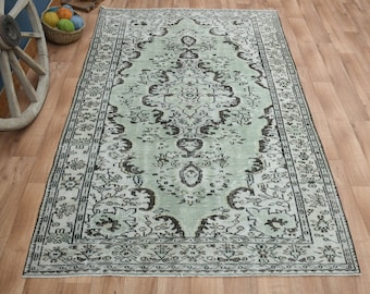 Vintage Turkish Rug: 5'9x8'8 Green Beige Hand-Knotted Wool Rug