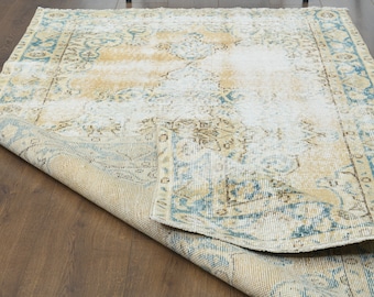 4x7 Vintage Oushak Rug: Distressed Turkish Wool Rug, Farmhouse Decor