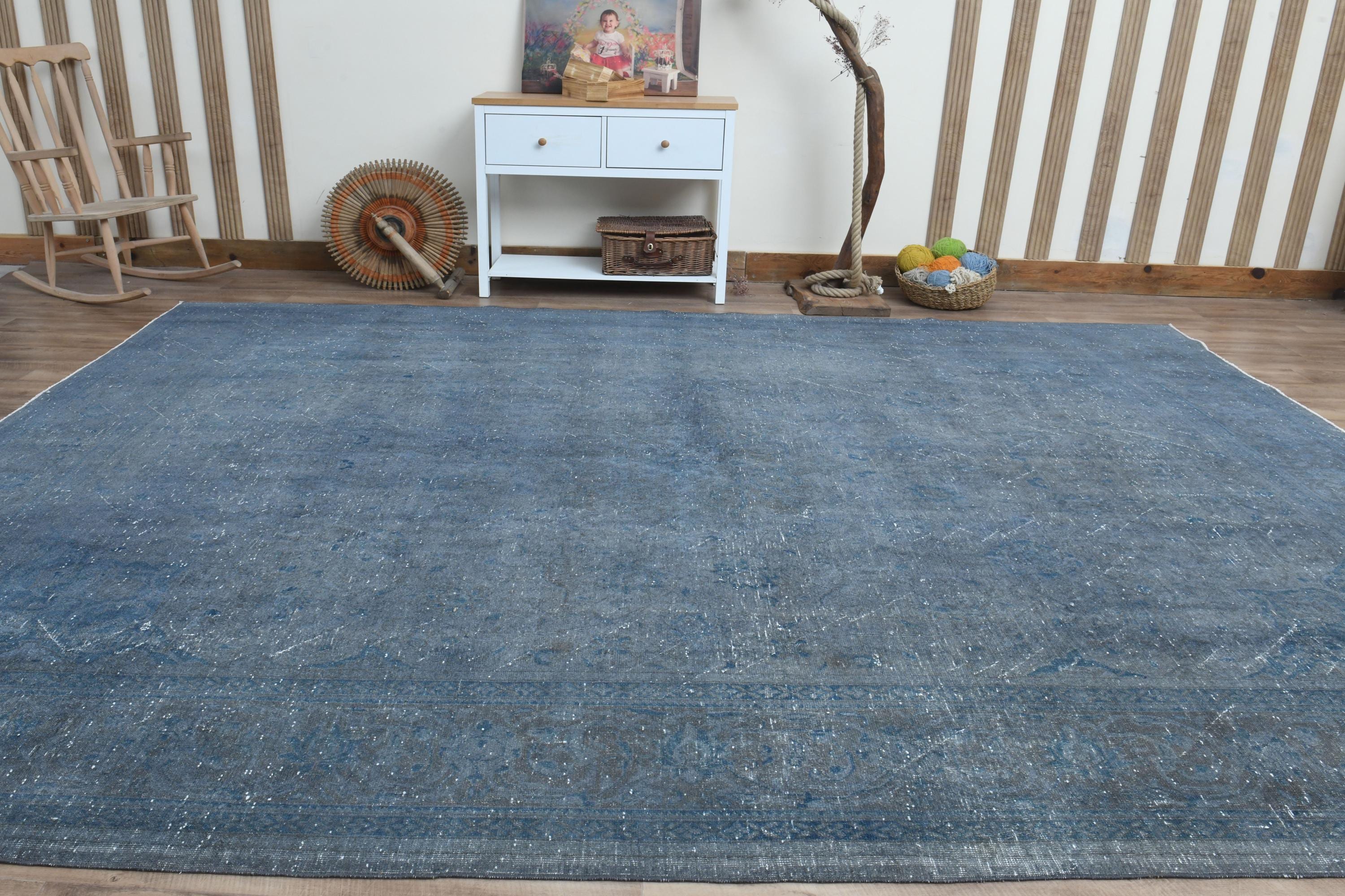 Moroccan Vintage Turkish Rug (9'6x12'5 Ft): Muted Colors Blue
