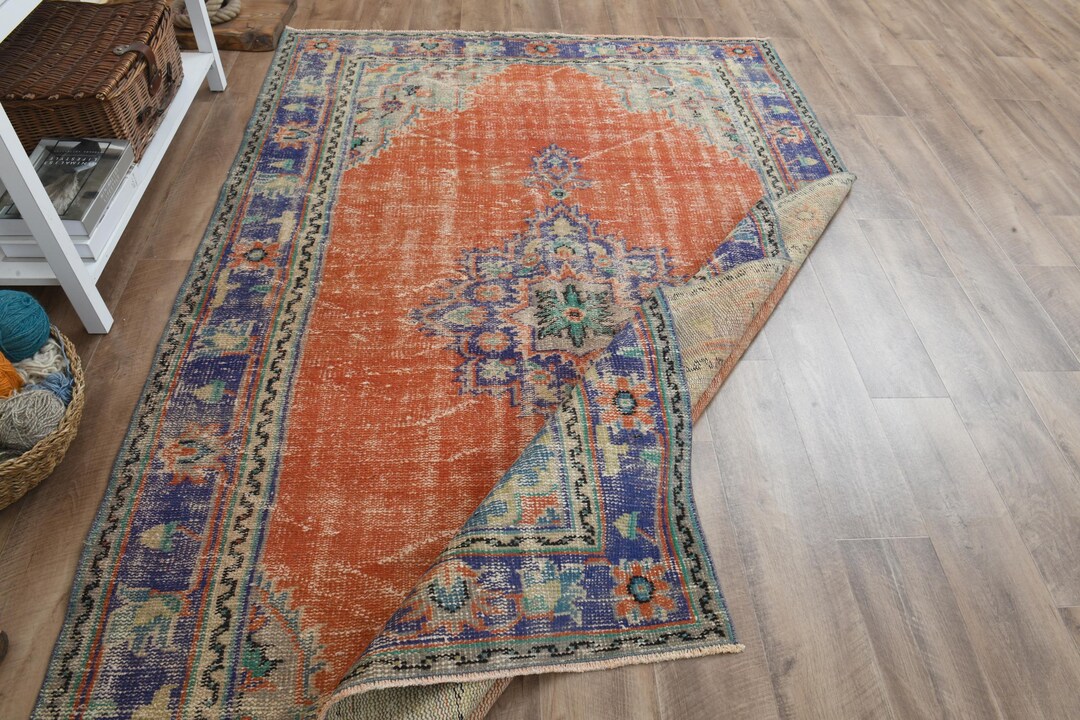 Orange Purple Vintage Turkish Wool Rug (5.2x8.2 Ft): Handmade Bohemian ...