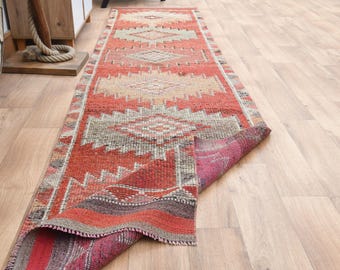 Alfombra de pasillo vintage de lana color naranja coral: decoración para recibidor de estilo rústico (81 x 359 cm)