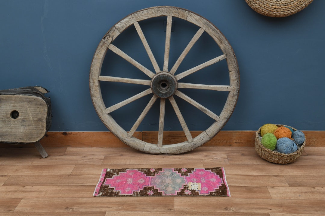 Buy Vintage Pink Turkish Wool Rug: Handmade Oushak Entry Mat (1.3