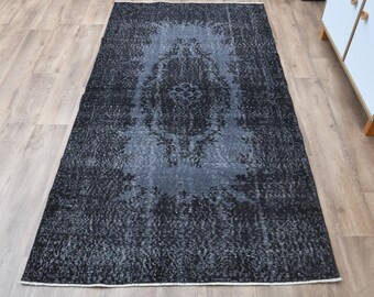 3'6x6'9 ft Vintage Turkish Oushak Kitchen Runner Rug: Black Floral Stair Hallway Rug