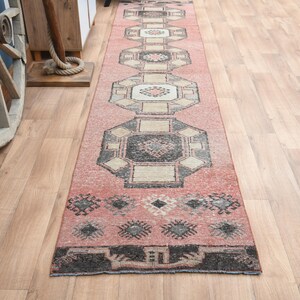 Vintage Turkish Oushak Runner Rug: 2.7x12 ft, Pink Geometric Wool Hallway Rug