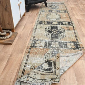 Handwoven Wool Turkish Runner Rug: Vintage Oushak Design, 2.9x12.1 ft